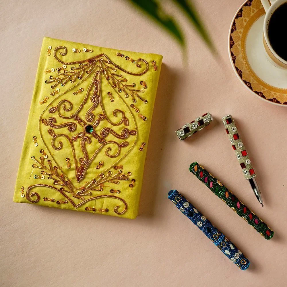 Handcrafted  Embroidered Journal and Set of 3 Beaded Pens Yellow